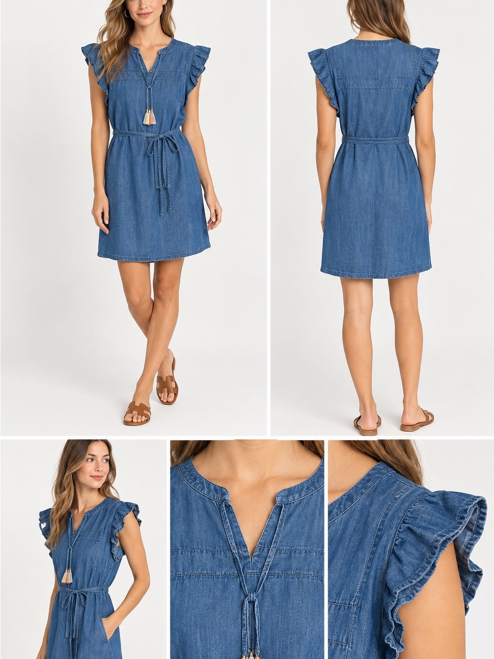 LOFT Chambray Denim Dress Ruffle Sleeve Tassel Tie Waist Blue Mini Dress Size L